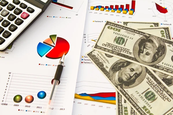 Penna, kalkylator och dollar på finansiella diagram — Stockfoto