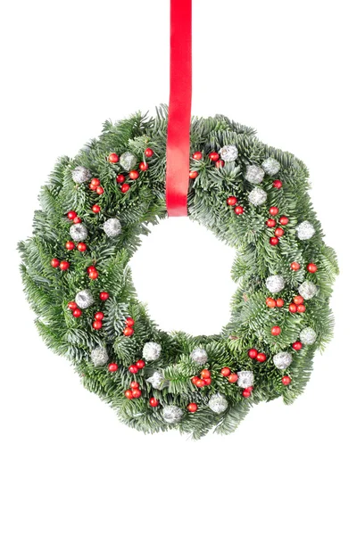 Christmas wreath with red ribbon — Stock Photo, Image