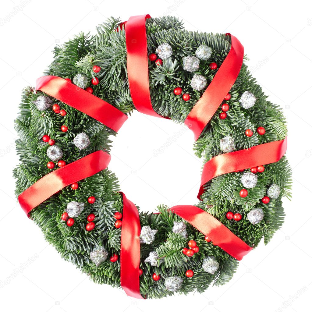 Christmas wreath with red ribbon and berries