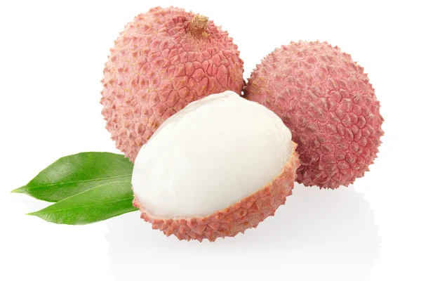 Lychee with leaves on white — Stock Photo, Image