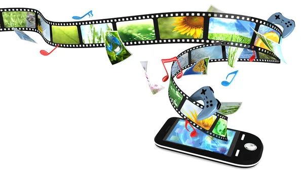 Fotoğraf, video, müzik ve oyunlar ile Smartphone — Stok fotoğraf