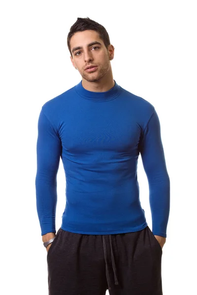 블루 압축 셔츠에서 운동 남자입니다. 흰색 위에 촬영 스튜디오. — 스톡 사진