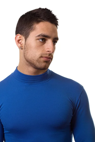 Lekkoatletycznego mężczyzna w koszuli niebieski kompresji. łapka na biały. — Zdjęcie stockowe