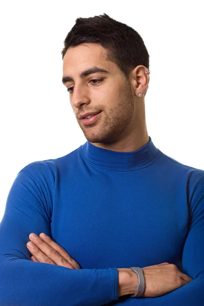青い圧縮シャツでアスレチックの男。白にわたって撮影スタジオ. — ストック写真