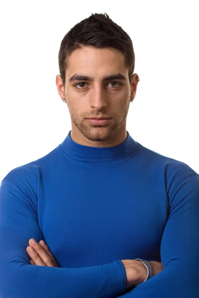 Atletický muž v modrém komprese košili. Studio zastřelil bílá. — Stock fotografie
