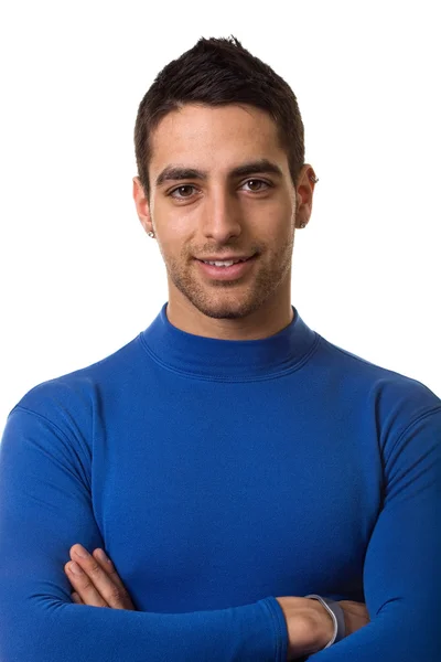 Uomo atletico in camicia blu compressione. Studio girato sopra bianco . — Foto Stock