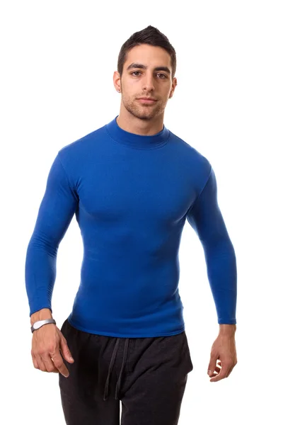 블루 압축 셔츠에서 운동 남자입니다. 흰색 위에 촬영 스튜디오. — 스톡 사진