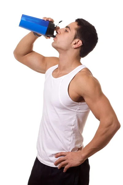 Sportos férfi vizes palackot. stúdió felvétel felett fehér. — Stock Fotó