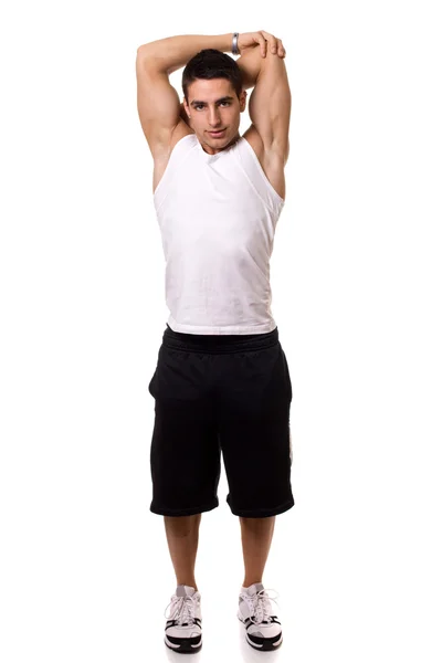 Behind-head tricep stretch. Studio shot over white. — Stock Photo, Image