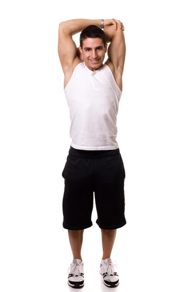 Behind-head tricep stretch. Studio shot over white. — Stock Photo, Image