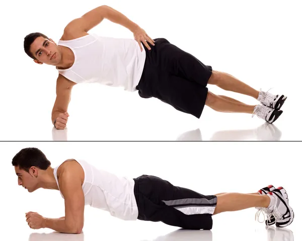 Exercício de prancha (preensão dianteira, pairar, ponte abdominal). Estúdio tiro sobre whit — Fotografia de Stock