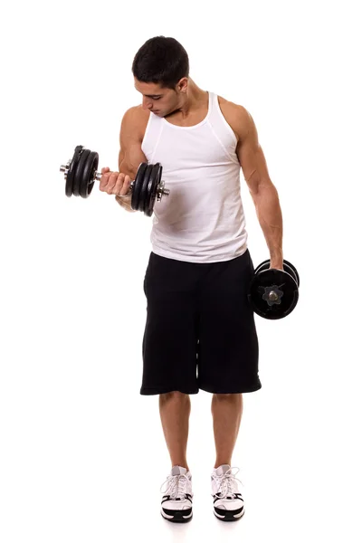 Exercício de cachos de bíceps. Estúdio tiro sobre branco . — Fotografia de Stock
