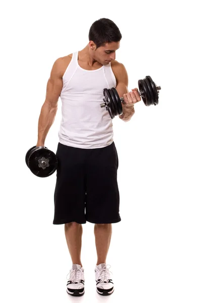 Biceps krullen oefening. studio opname over Wit. — Stockfoto