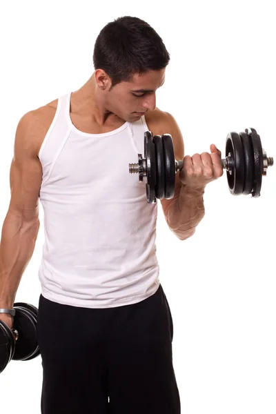 Exercício de cachos de bíceps. Estúdio tiro sobre branco . — Fotografia de Stock