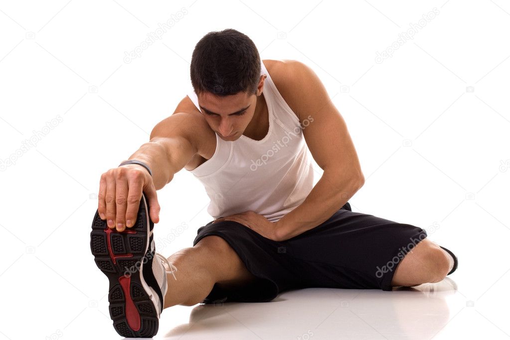 vergadering hamstring rekken. studio opname over wit — stockfoto
