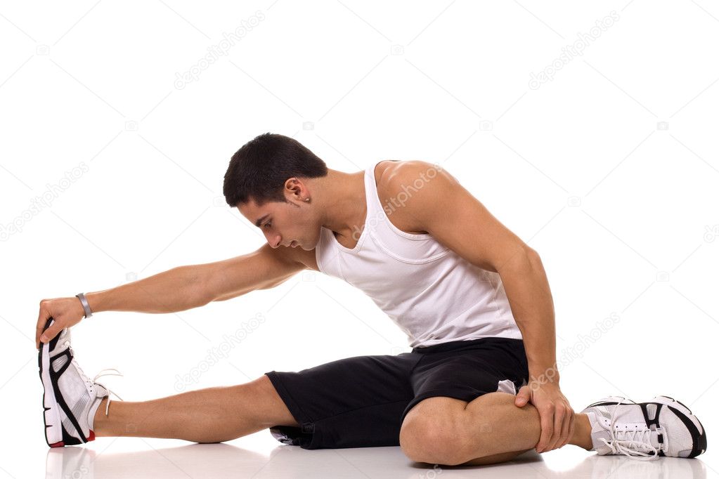 vergadering hamstring rekken. studio opname over wit — stockfoto