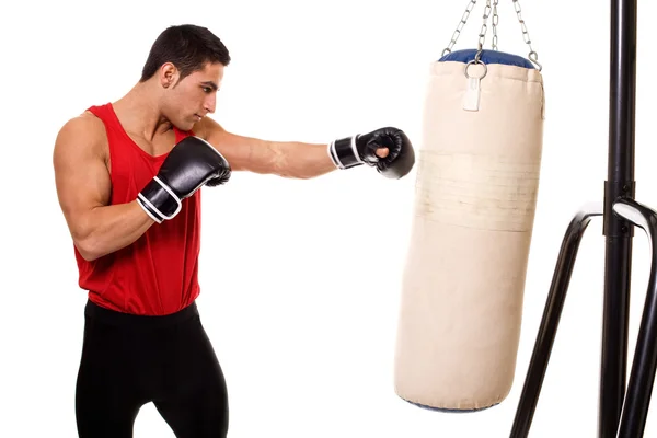 Boxing workout with heavy bag. Studio shot over white. — Stock Photo, Image