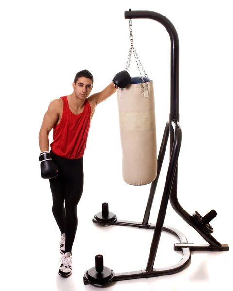 Exercício de boxe com saco pesado. Estúdio tiro sobre branco . — Fotografia de Stock