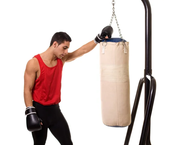 Exercício de boxe com saco pesado. Estúdio tiro sobre branco . — Fotografia de Stock