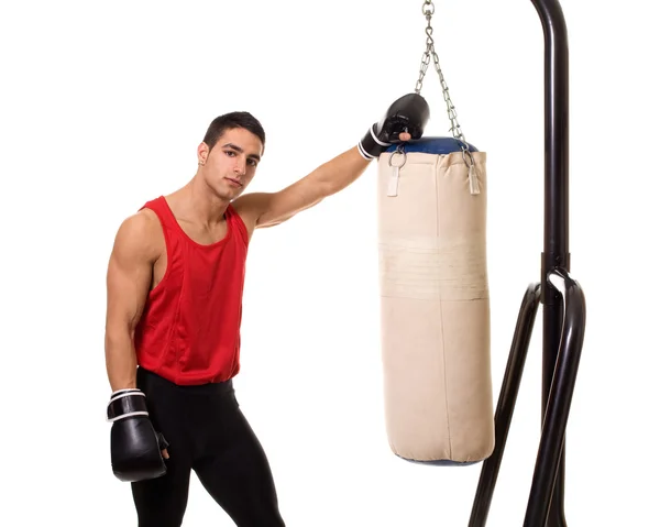 Boxing workout with heavy bag. Studio shot over white. — Stock Photo, Image