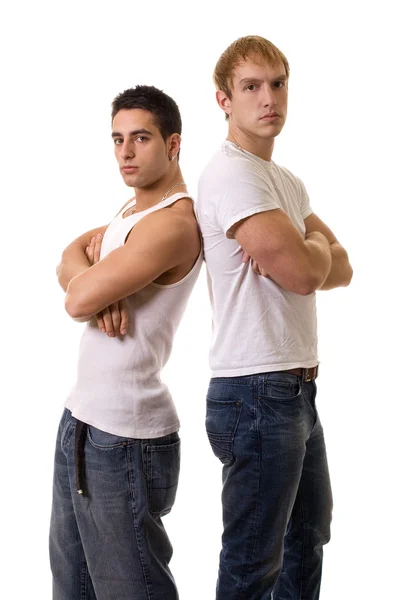 Twee jonge mannen. studio opname over Wit. — Stockfoto