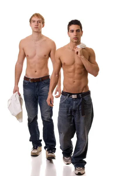 Two youn men, shirtless. Studio shot over white. — Stock Photo, Image