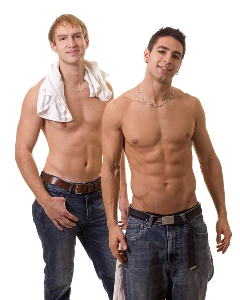 Twee youn mannen, shirtless. studio opname over Wit. — Stockfoto