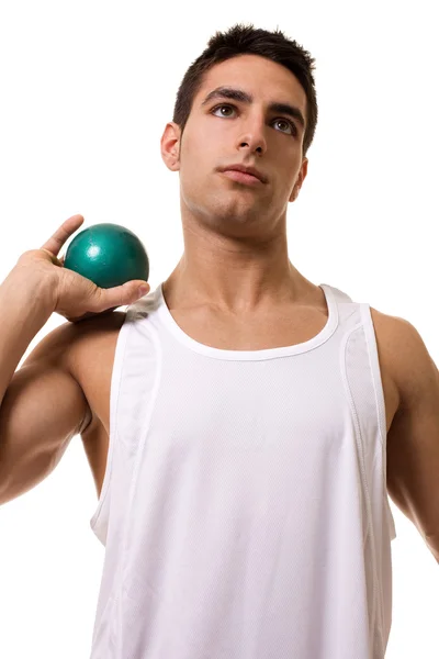 Track and field athlete with shot (shot put). Studio shot over white. — Stock Photo, Image