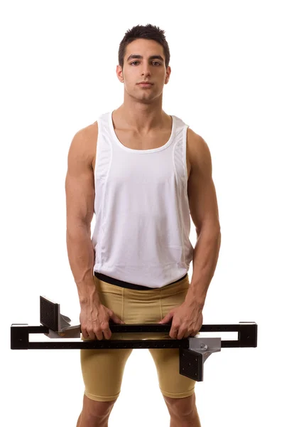 Track and field athlete with starting block. Studio shot over white. — Stock Photo, Image