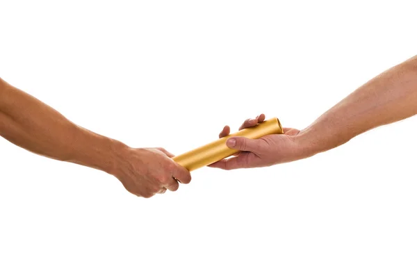 Track and field athletes passing relay baton. Studio shot over white. — Stock Photo, Image