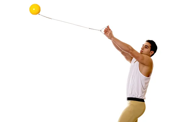 Track and field athlete competing hammer throw. Studio shot over white. — Stock Photo, Image