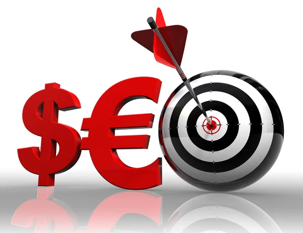 Seo red word with dollar euro and target — Stock Photo, Image