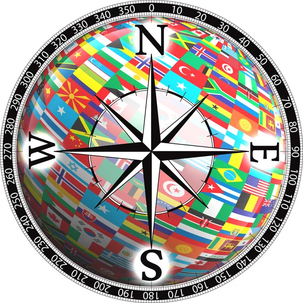 Kompas i świecie flagi — Zdjęcie stockowe