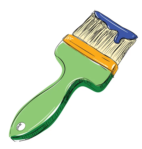 Brush with green handle and blue paint — Stock Vector