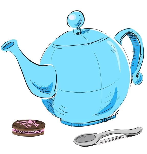 Чайник, ложка и печенье — стоковый вектор