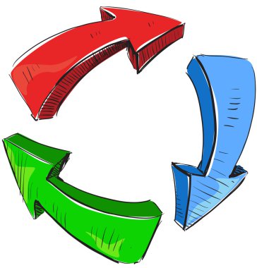 Cartoon many-colored arrows and recycle sign icon clipart