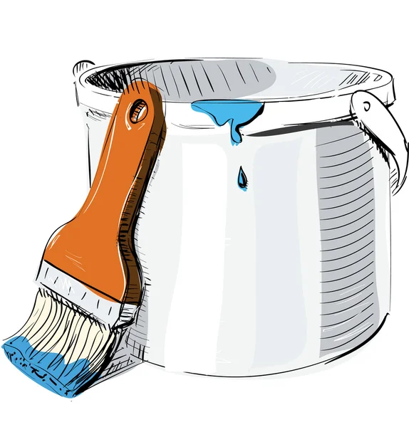 Bright paint bucket and brush — Stock Vector