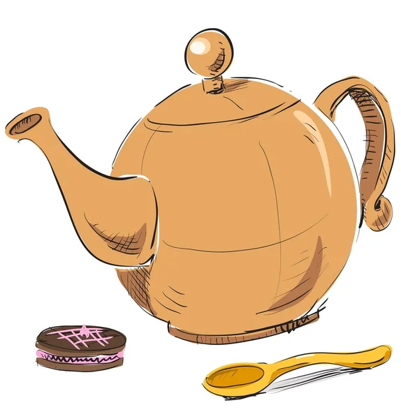 Милый чайник, ложка и печенье — стоковый вектор
