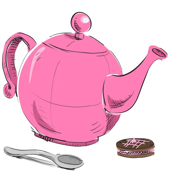 Schattige roze theepot, lepel en biscuit. — Stockvector