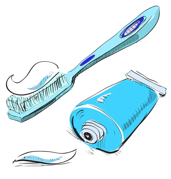 Toothbrush and toothpaste in bright blue color — Stock Vector