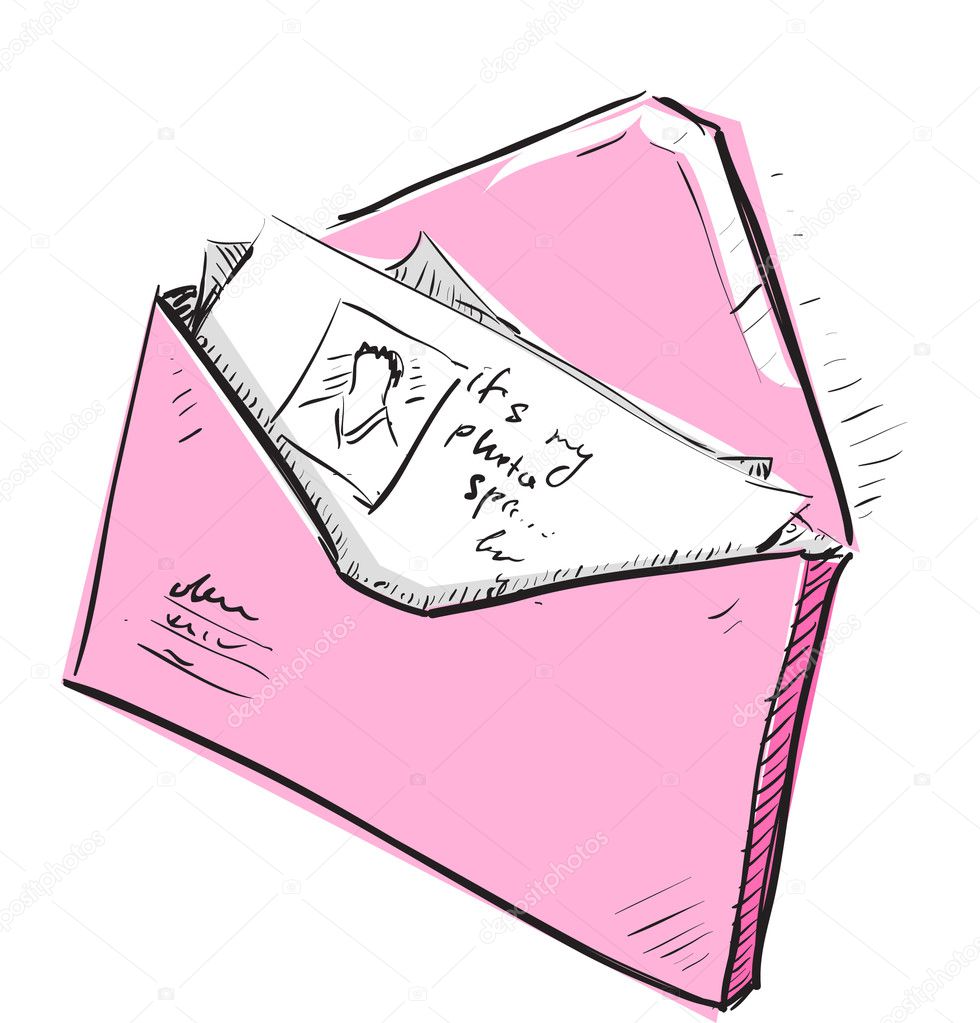 Letter and photos in pink envelope cartoon icon