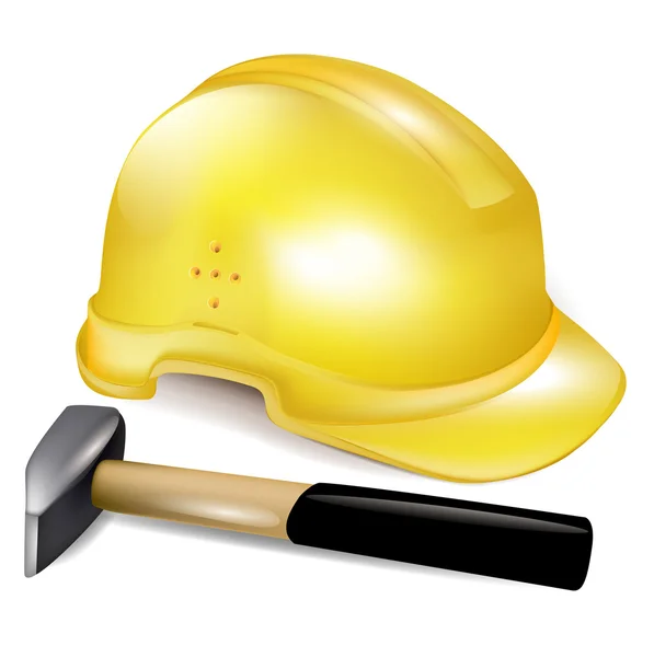 Construction hard working hat and hammer — Stock Vector
