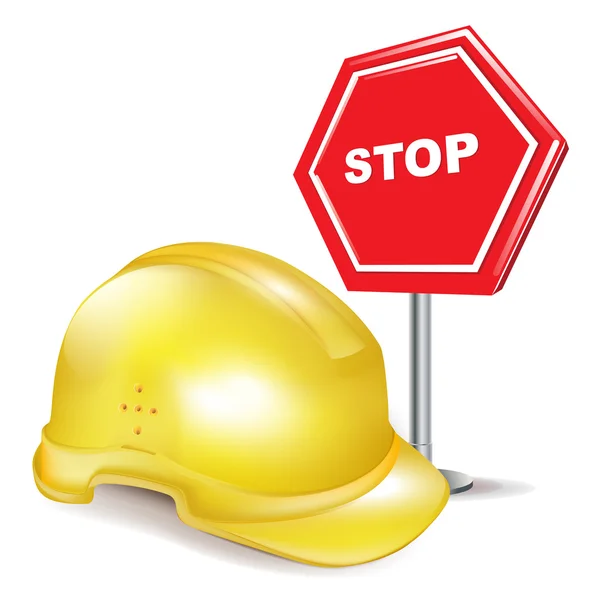 Traffic stop sign and construction hard helmet — Stock Vector