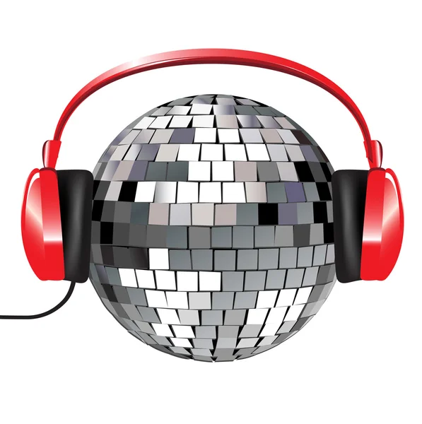 Kırmızı müzik kulaklık ile disko topu — Stok Vektör