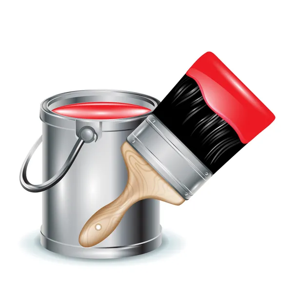 Balde de pintura com tinta vermelha e escova — Vetor de Stock