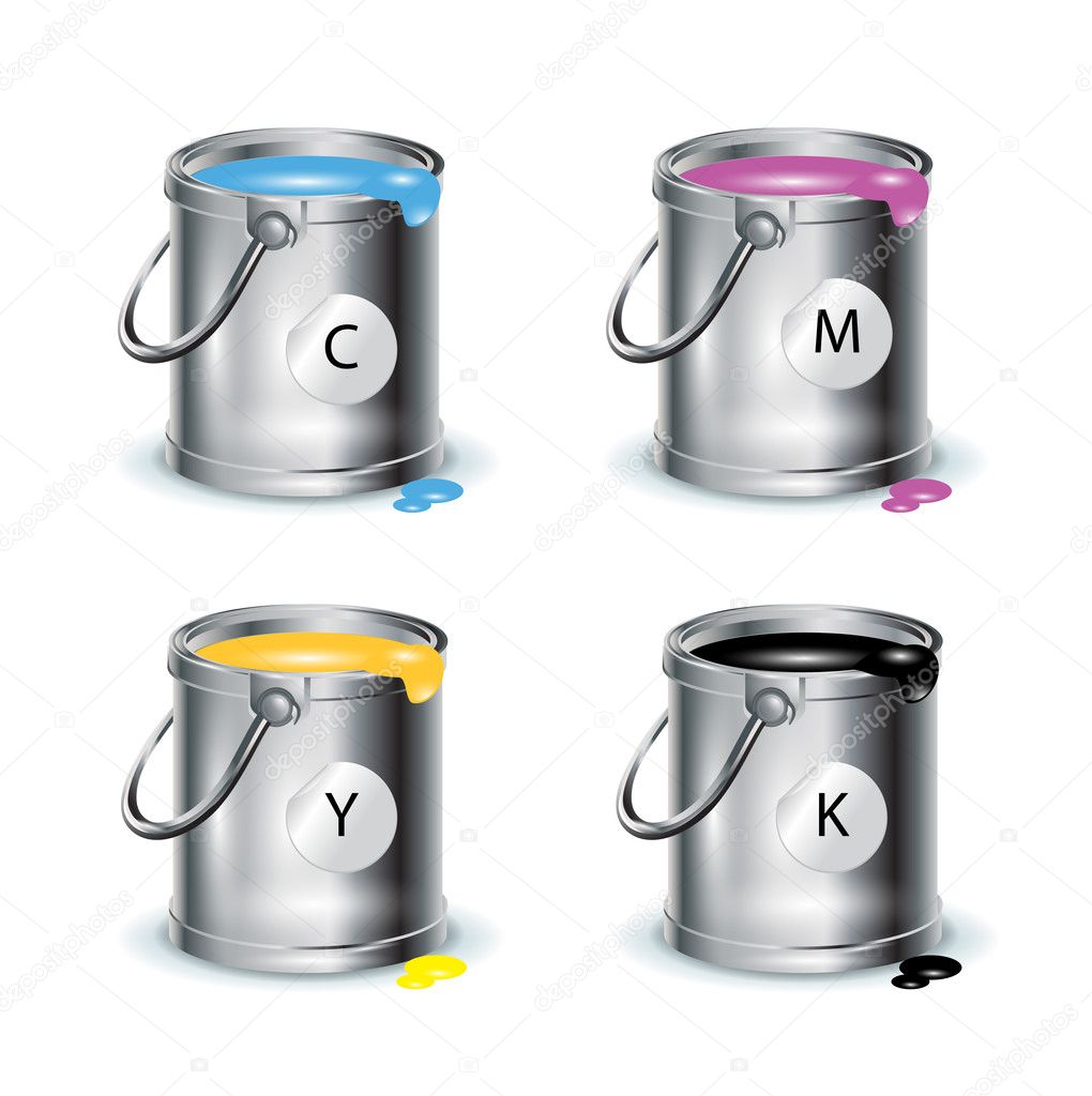 Color print; individual buckets with paint
