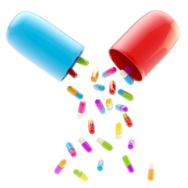 Pílulas médicas dentro enorme um isolado — Fotografia de Stock