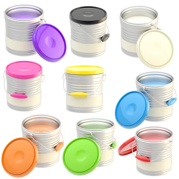 Conjunto de nove baldes de tinta lustrosos isolados — Fotografia de Stock