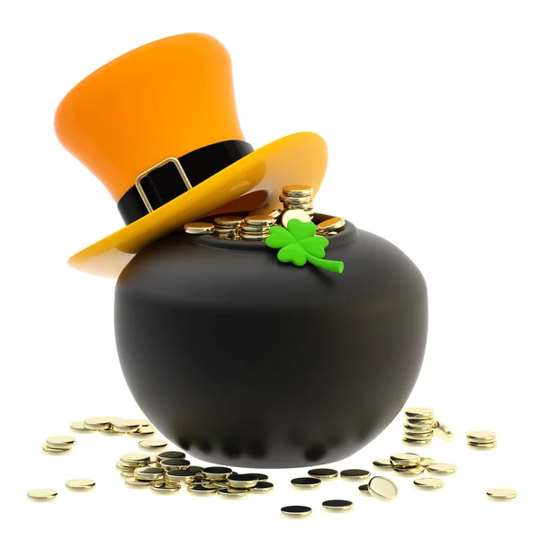 St. Patrick: pot of coins and hat — Stock Photo, Image