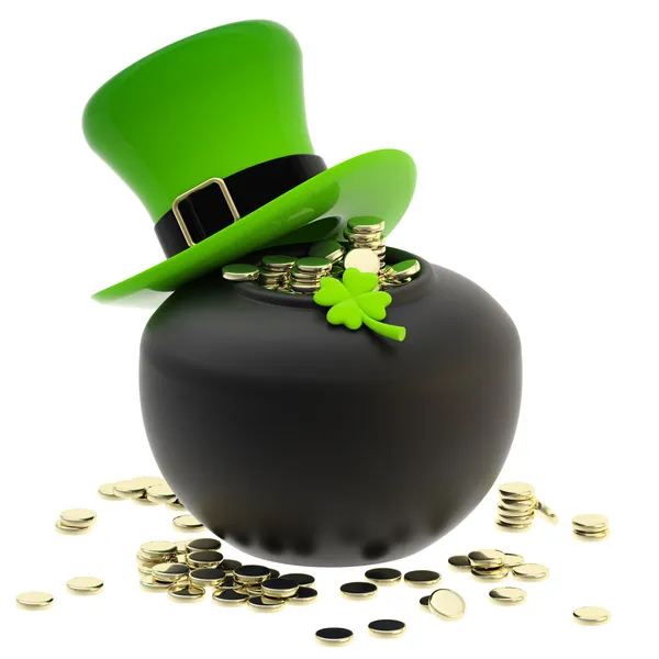 St. Patrick: pot of coins and hat — Stock Photo, Image